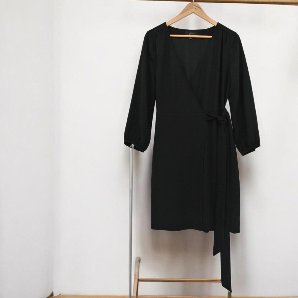 J. Crew Classic Black Wrap Dress S4‎ Knee Length Crepe